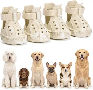 Dog Shoes for Hot Pavement, 4 Pack EVA Glow Dog Boots, Beige, Size 8 | Glow-in-the-dark EVA dog clogs, Breathable Vented, Lightweight Comfort, Non-slip Sole, Summer Walks, Medium & Large Dogs
