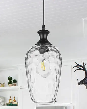 Glass Pendant Lights Kitchen Island, 1-Light Black Pendant Light Fixtures with Hand-Blown Clear Glass, Farmhouse Hanging Light for Kitchen Sink Dining Room Bedroom, E26