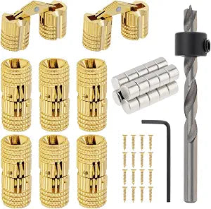 8Pcs 8mm Hidden Brass Barrel Hinges with Magnet,Drill Bit,Depth Stop Collar