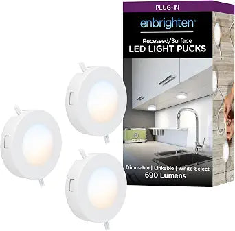 Enbrighten Recessed Surface LED Puck Lights, 3 Pucks