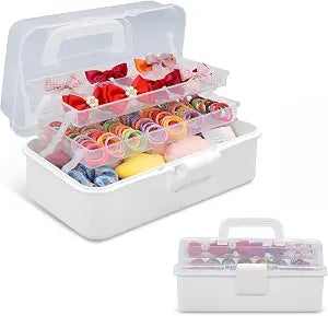 neotidy Hair Accessories Organizer for Girls, 3 Layer Hair Organizer Storage Box with Dividers & Handle, Hair Tie Organizer & Hair Product Organizer Case, Kids Hair Accessories Organizer, White