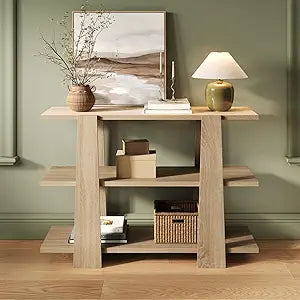 3 Tier Wood Console Table, Narrow Entryway Table with Storage, Minimalist Modern Console Table for Living Room or Hallway, Easy to Assemble 46 Table with 15 Shelves, Light Oak