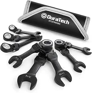 DURATECH Stubby Flex-head Ratcheting Combination Wrench Set, SAE, 8-piece, 5/16" to 3/4", CR-V Steel, Black Electrophoretic Coating, with Rolling Pouch