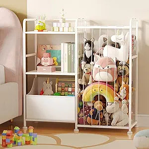 BBLIKE Kids Bookshelf and Toy Storage Organizer, Stuffed Animal Storage Holder with Fabric Toy Chest, 2-Tier Toddler Book Shelf for Kids Room, Playroom, Nursery, White