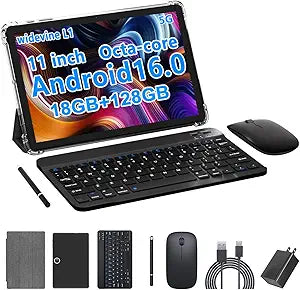 PEICHENG Tablet 11-inch Android 16 with Octa-core Processor, 18GB RAM 128GB ROM, 8000mAh All-Day Battery Life, 1280X800 HD IPS Touchscreen, 5MP+13MP Dual Cameras, Black(P13Max+4Acce 2026)
