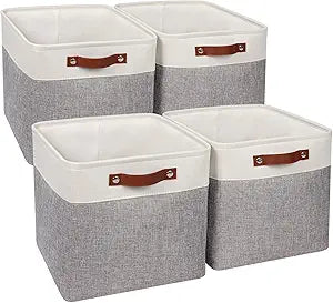 Univivi 13x13x13 Cube Storage Bins with Hard Bottom,4 Pack Storage Baskets with PU Handles Foldable Fabric Storage Bins for Clothes Organizing,Shelf,Gray