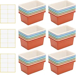 Outus 36 Pack Book Bins for Classroom Library Bulk Plastic Cubby Storage Bins Small Toy Organizer Containers with Self Adhesive Label for Kids Students Teachers School Office Home(Morandi Color)