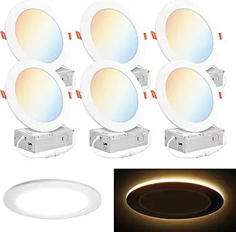 PARMIDA (6 Pack) 6 Inch 5CCT LED Recessed Ceiling Light with Night Light, 2700K/3000K/3500K/4000K/5000K Selectable Ultra-Thin Lighting, 15W, Dimmable Canless Wafer Slim Panel Downlight, IC Rated, ETL
