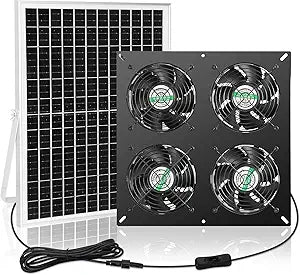 blessny 25W Solar 4 Fan Kit for Outdoor Greenhouse, Solar Powered Vent Exhaust Ventilation Fan for Chicken Coop, Shed Air Circulation, 14.7 Ft Long Cord with IP65 Weatherproof Rate