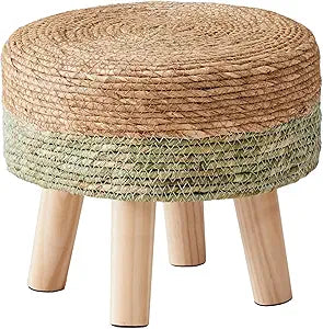 Wimarsbon Round Foot Stool Natural Seagrass Poufs Ottoman Hand Weave Footrest Stool for Couch Desk Extra Seat Step Stool with Solid Wood Legs for Hallway Patio Lounge Green