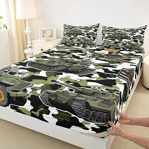 Tank Fitted Sheet Full,Aircraft Camouflage Design Bed Cover,War Theme Bedding Set 3pcs for Kids Child Teens Boys Man Room Decor,Soft Army Green Bed Sheets with 2 Pillowcases