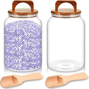 SiliFine 4 Pcs 64oz Glass Laundry Storage Containers with Handle Wooden Lid and Scoop Set-2 Pcs Laundry Room Organization Jars and 2 Multipurpose Wooden Spoon, Glass Beads Canisters Set