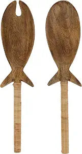 Boston International Salad Server Set Wood Utensils Serving Fork and Spoon, 11", Fish