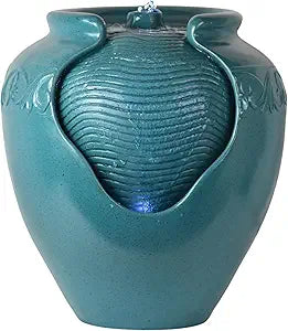 Teamson Home Floor Glazed Pot Water Fountain with Built-in LED Light and Pump for Outdoor Indoor Patio Garden Backyard Decking Home Dcor, 17 inch Height, Teal