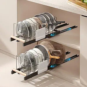 Magheo 2 Pack Pull Out Pots and Pans Organizer Under Cabinet, 22" Deep Expandable Pot Lid Organizer and Storage with 10 Adjustable Dividers Adhesive Pot and Pan Holder Rack with Handle Bracket(Black)