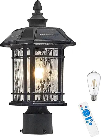 Solar Lamp Post Light with Water Ripple Glass Dusk to Dawn Waterproof Pole Lights Outdoor 18.3 Inch Height Large Aluminum Solar Lights Outdoor Post Include Remote Control and LED Bulb