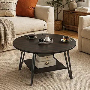 Manora Round Coffee Table, Modern Wood Round Center Table with Storage Shelf, Small Circle Coffee Table for Living Room, Home Office, Small Space, Apartment, Dark Brown