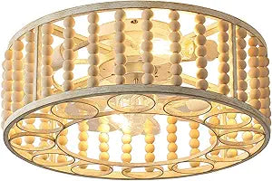 Vintage Ceiling Fan with LightsLow Profile Vintage Fandelier Wooden Beads Flush Mount Ceiling Fan with Light and Remote, Caged with 6 Speeds for Bedroom, Nursery, Living Room