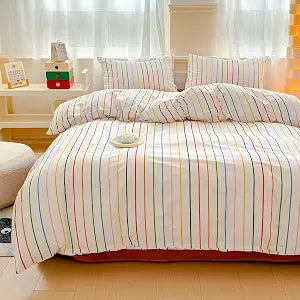 LIWHENHAO Rainbow Striped Duvet Cover Set Queen 100% Cotton Bedding Blue Red Black Yellow Stripe on White 1 Modern Abstract Geometric Comforter Cover Full 2 Pillowcases for Kids Girls Boys Woman