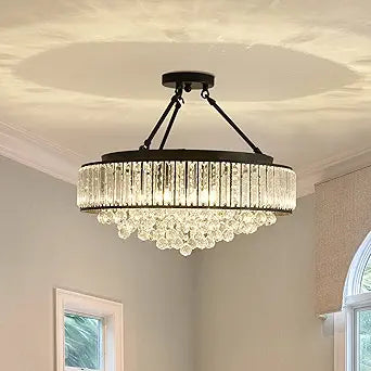 YYJLX 6-Light Modern Large Crystal Chandelier Black Metal E26 Semi Flush Mount Round Light Fixture Ceiling Lamp Farmhouse for Dining Living Room Laundry Foyer Kitchen Balcony Bedroom