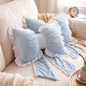 2 Pcs Blue Bow Pillows with Ruffles 17.72 x 15.75'' Bowknot Shaped Throw Pillows Cute Coquette Decorative Pillow for Bed Couch Sofa, Bow Lumbar Pillow with Long Tails, Aesthetic Home Decor Gift
