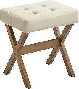 SONGMICS Makeup Stool, Padded Vanity Stool, Foot Rest, Solid Wood X Legs, for Bedroom, Closet, Entryway, 12.6 x 16.5 x 18.1 Inches, Summer Sand and Brown ULSF006LF01