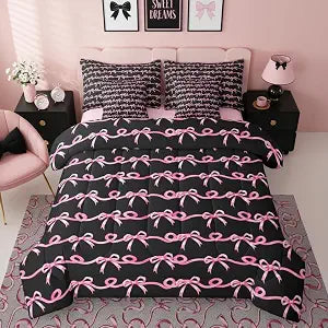 Erosebridal Black and Pink Bow Twin Comforter Set with Sheets | Pink Ribbon Bow Knot Bedding Set 7Pc for Girls Kids, Cute Preppy Bows Striped Fitted Flat Sheet, Princess Bowtie Coquette Bed Set