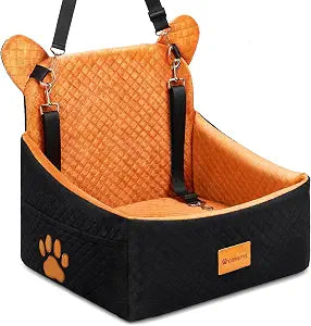 Dog car Seats for Small/Medium Dogs up to 33lbs- Washable, Waterproof, Dog Booster & car Seats with 2 Easy-Install Safety Belts, Non-Slip Base & Storage Pocket(Brown Black).