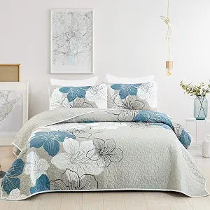 DJY Quilt King Size, 3 Pcs Blue Boho Floral Bedspread Coverlet Bedding Set