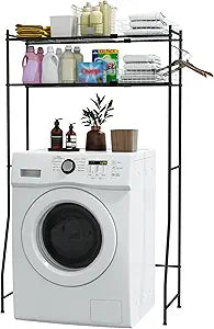 Laundry Room Storage Shelf & Organizer, 2 Tier Metal Over Washer and Dryer Shelves, Washing Machine Shelf with Hanger Rod, Expandable Bathroom Space Saver Shelf, 2637" L x 15.8" W x 59.5" H, Black