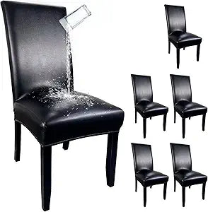Pu Leather Dining Chair Covers set of 6, Waterproof Kitchen Chair Covers for Protecting Chairs from Stain/Scratch, Soft & Elastic Parsons Chair Slipcover Well-Fitted for Dinning Room(Black, 6Pcs)