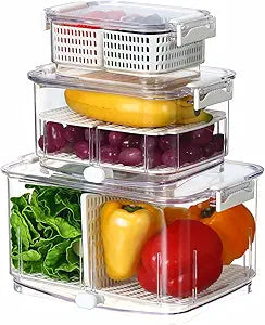 Felli Duo Fresh Produce Saver for Fridge, Fruit Vegetable Container with Vent & Drainage in Bottom for Wash, Colander Strainer Storage Bin for Refrigerator, Berry Lettuce Keeper