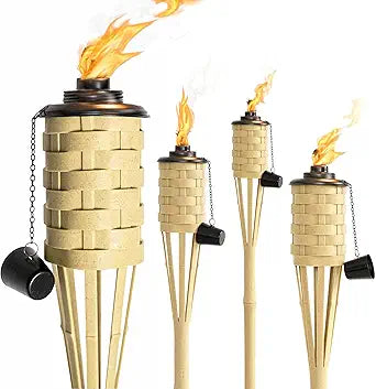 ONETHATCH Faux Bamboo Outdoor Torches (Sundried Color, 4pack); Large Island Citronella Torch for Garden Lighting, Luau Party, and Tropical Decor; Easy Refill Wide-Mouth Canister, Stands 60 Tall