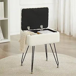 Vanity Stool Chair, Faux Teddy Fur Ottoman Foot Stool with Metal Legs & Adjustable Black Feet, Flip Top Storage Makeup Chair with Soft Padded Seat, Foot Rest for Makeup Room Bedroom, White