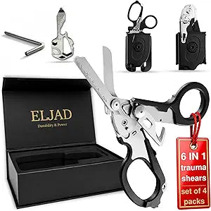 Heavy Duty Multifunctional Trauma Shears, 6 in 1 Folding Raptor Shears with Glass Breaker, Strap Cutter & Oxygen Wrench, EMT Medical Scissors with Bottle Opener Keychain Multitool
