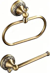 WOLIBEER Antique Brass Toilet Paper Holder, Brass Towel Ring Oval, Hand Towel Holder Bathroom Accessories Wall Mounted Vintage 2 Pieces