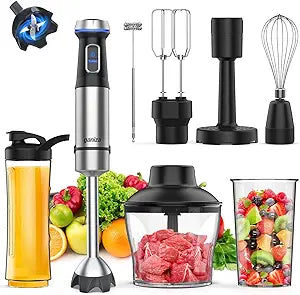 Ganiza Immersion Blender Handheld Corded 8 in 1 Hand Blender Max 1000W 16 Speed Mode Stick Emulsifier with 800ml Mixing Beaker, 600ml Chopper, Whisk, Frother, Potato Masher and Portable Bottle