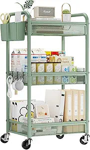 YASONIC 3 Tier Rolling Cart  Metal Utility Storage Carts with Wheels, Craft Carts Organizer with Hanging Cups, Hooks, Mesh Basket for Bedside Kitchen Office Art, Green