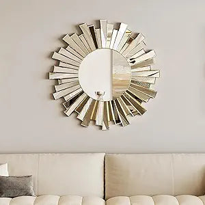 Sunburst Round Wall Mirror - 26" Large Starburst Decorative Mirror with 3D Beveled Glass Frame, Modern Frameless Unique Wall Decor for Living Room, Dining Room, Entryway, Fireplace