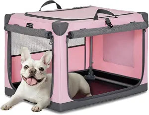 PETSFIT 26" Soft Portable Dog Crate  Patented Spiral Sturdy Frame, Collapsible Travel Kennel for Small Dogs, 3 Mesh Door, Lockable Zippers, Indoor & Car Use Pink