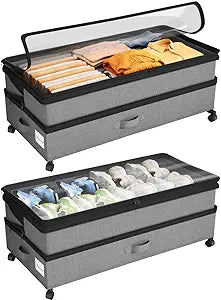 Kitstorack Under Bed Storage with Wheels 2Pack Height-adjustable Under Bed Storage Containers,Under Bed Shoe Storage Organizer with Clear Window&Label, Suitable for Clothes Storage, Gray