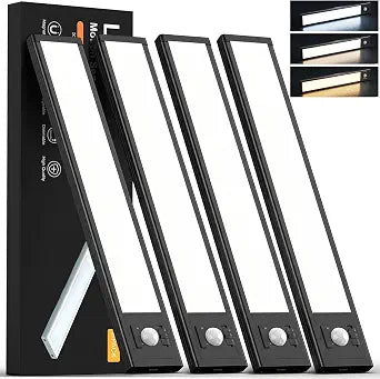 4Pack Under Cabinet Lighting Rechargeable -10" Ultra-Thin Black 3 Color Temps Super Bright, Motion Sensor, Long Lasting - Easy Installation Magnetic Under Closet Lights