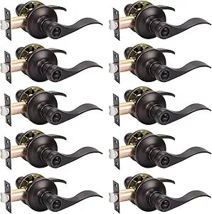 KNOBWELL 10 Pack Oil Rubbed Bronze Door Handle, Privacy Door Lever Bed and Bath Door Knobs, Wave Style Brushed Bronze Door Handles with Lock