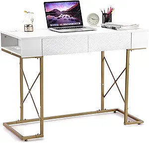 42 Inch Computer Desk, Vanity Desk with Drawers, Modern Study Desk with Power Outlet, Writing Workstation for Home Office, White & Gold