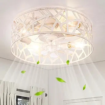 Flush Mount Fandelier Ceiling Fan with Lights and Remote, 18 inch Caged Ceiling Fan with Light Vintage White, Farmhouse Ceiling Fans for Bedroom, Kitchen, Living Room