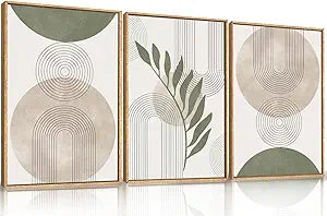 HPINUB Sage Green Framed Canvas Prints Wall Art Set, Abstract Botanical Boho Wall Decor, Minimalist Geometric Line Leaf Canvas Artwork for Living Room, Bedroom, Dining Room, Office, Bathroom -