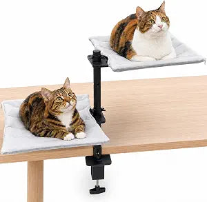 Binboov Double Cat Desk Bed, 2-Tier 360 Rotating Cat Desk Perch with Adjustable Height, Clamp-On Desktop Cat Beds Hammock with Washable Ice Silk Breathable Covers, Supports Up to 44 lb, Grey
