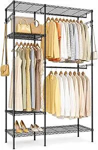 Heavy Duty Clothes Rack, Portable Clothing Garment Rack for Hanging Clothes, Adjustable Storage Closet with Wire Shelves and Hanging Rods, Freestanding Closet Organizer, Max Load 700Lbs, Black