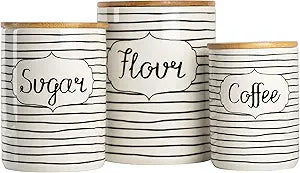10 Strawberry Street Labeled Ceramic Kitchen Canister Set, Set of 3, Coffee Sugar Flour, White/Black, Bamboo Lids