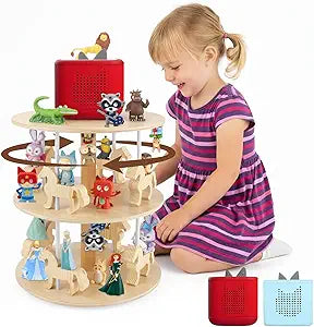Taladad Carousel Shelf for Toniebox, 360Rotating Wooden Organizer Compatible with Toniebox 2/1 Player & Holder for 120+ Tonies Figures, 3-Tier Display Stand with 50 Metal Plates for DIY Storage